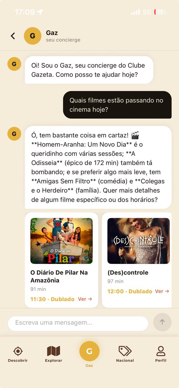Tela do app: uma conversa com o Gaz, que responde quais filmes estão em cartaz e mostra os cards das sessões.